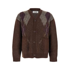 Coor Men Brown Cardigan With V Neck And All-Over Argyle Motif In Wool Blend Man